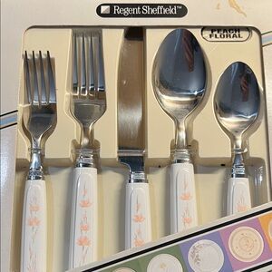 Corningware Flatware Set by Regent Sheffield in Peach Floral. New in box RETIRED